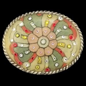 Oval Western Rhinestone Belt Buckle Floral Design Enamel Women USA Made
